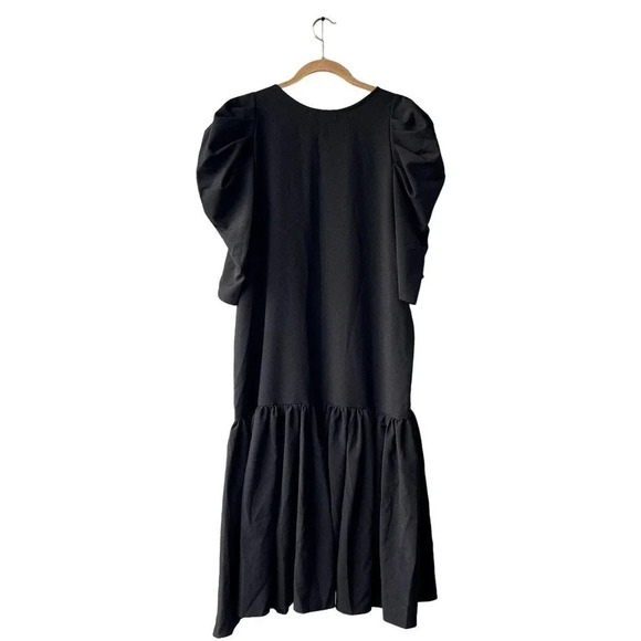 MEEM LABEL Essa Dress Women’s XL Black Crepe Draped Puff Sleeves Boat-neck Midi - Picture 5 of 6
